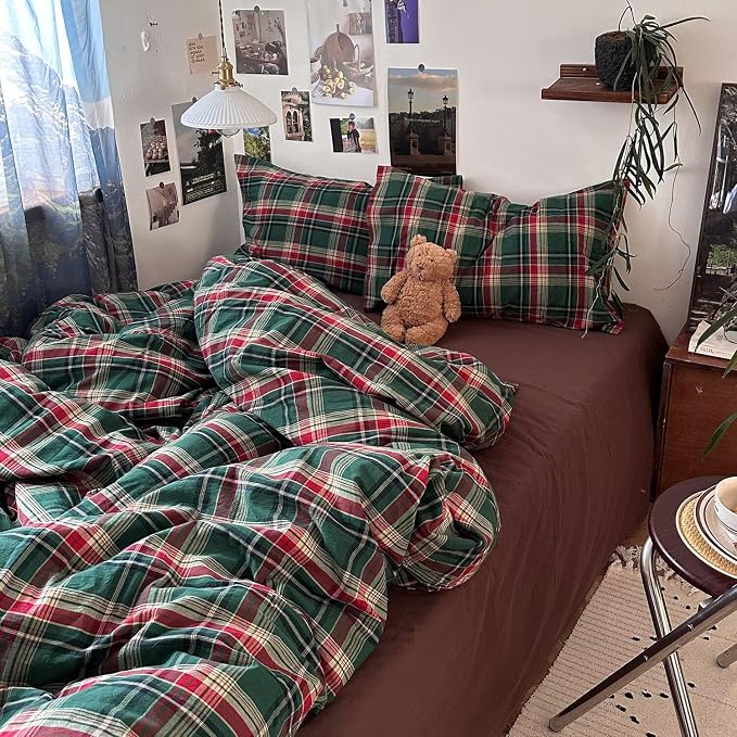 mixinni Vintage Green Buffalo Plaid Washed Cotton Duvet Cover Twin - Image 7