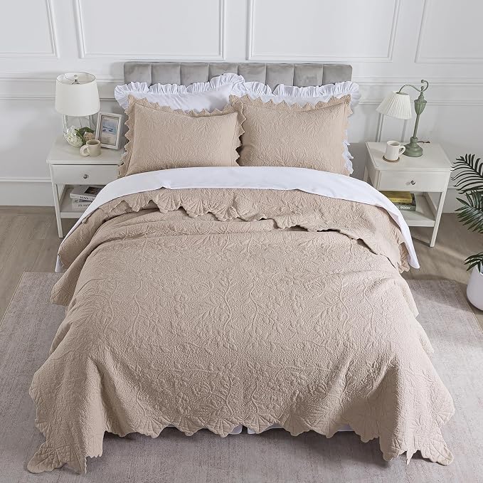 Brandream Khaki Cotton Quilt Set Queen Size Vintage Cottage Floral Vine - Image 2