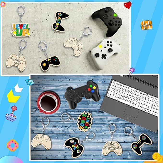 RattanView 24 Pcs Video Game Craft Color Your Own Keychains DIY Craft Wooden - Image 5