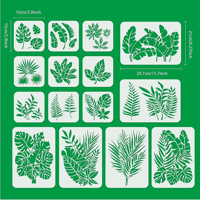 ORIGACH 15 Pieces Tropical Leaf Stencil Reusable Fern Leaves Monstera Palm Leaf - Image 3