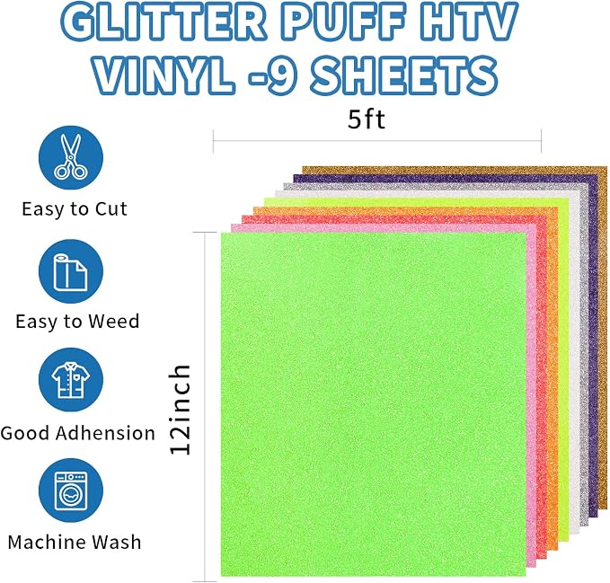 Glitter Puff Vinyl Heat Transfer, Puff HTV Iron on Vinyl Sheets 12" x 10" | 9 - Image 2