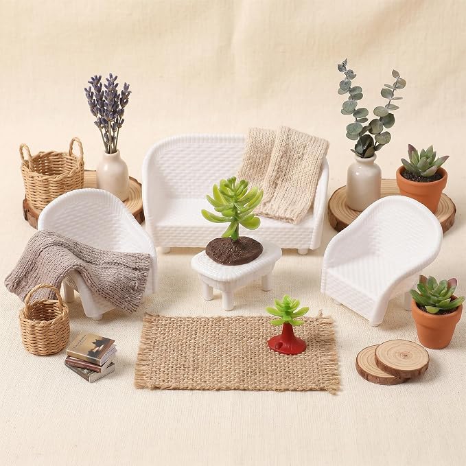 8 Pcs Wicker Tea Table Chair Plant Set, Miniature Dollhouse Furniture Decor - Image 5