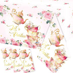 Pink Floral Tea Party Tablecloth, Girls Tea Party Birthday Supplies 3pcs Let's by Dydamud