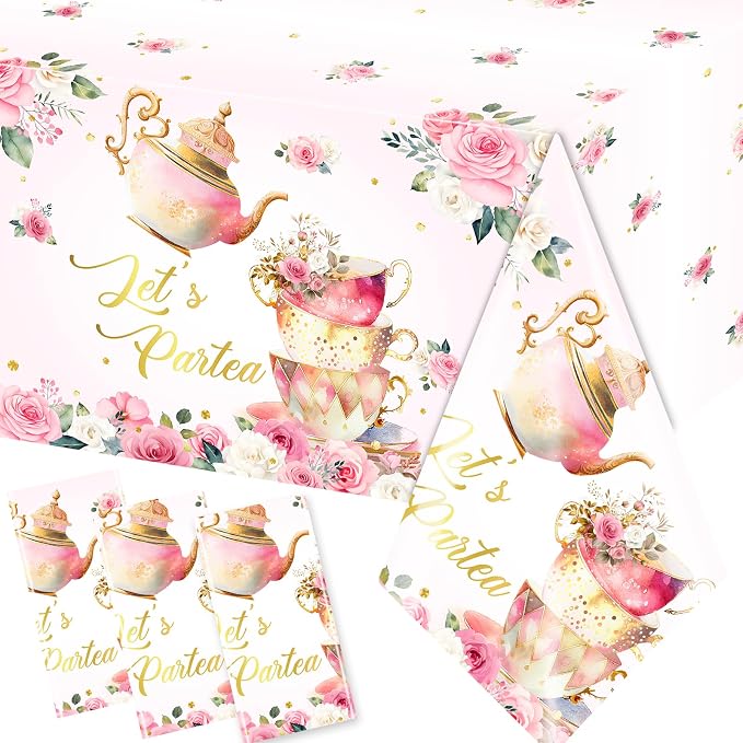 Pink Floral Tea Party Tablecloth, Girls Tea Party Birthday Supplies 3pcs Let's by Dydamud
