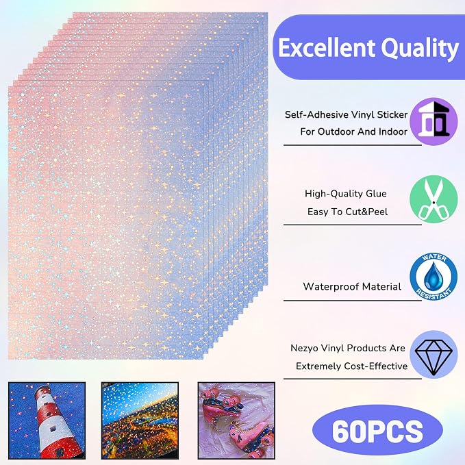 60 Sheets Holographic Laminate Sheets Clear Glitter A4 Size Vinyl Sticker Paper - Image 3