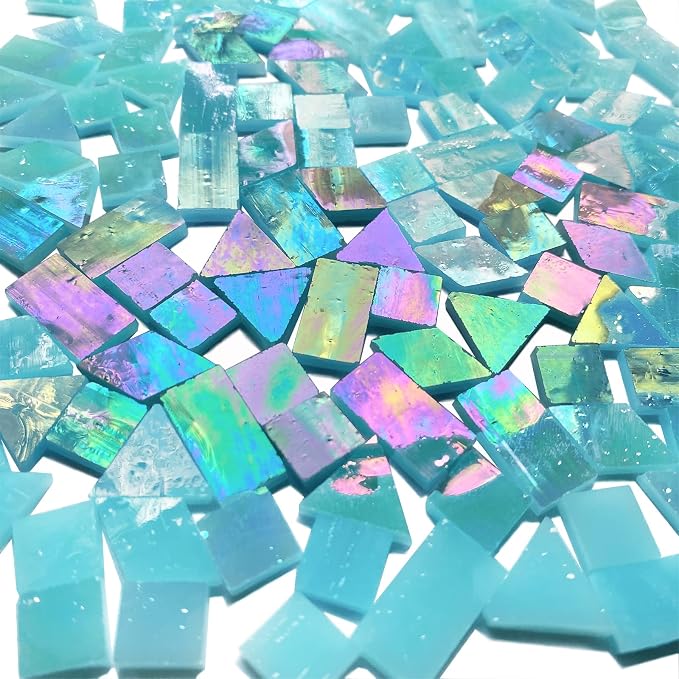 Iridescent Aqua Stained Glass Mosaic Tiles, 280 Pieces Mixed 4 Shapes Stained - Image 3