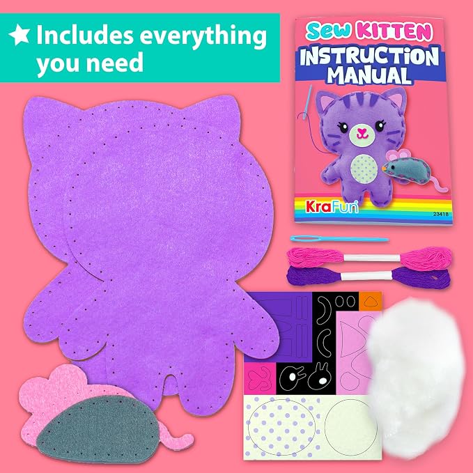 KRAFUN Beginner Sewing Kit, Sew Kitten & Mouse, Pre-Cut Felt, Kids Ages 5+ | - Image 2