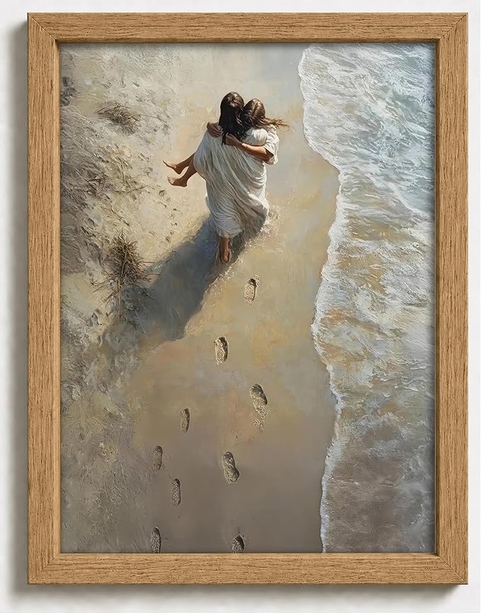 Framed Jesus Holding Woman Canvas Print.Footprints in The Sand Wall Art.Wood by YOXORDQwallart