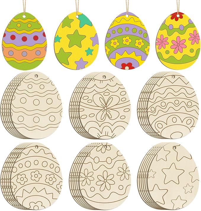 36PCS Wooden Easter Ornaments to Paint, 6 Styles DIY Blank Unfinished Wood Egg by Sophena