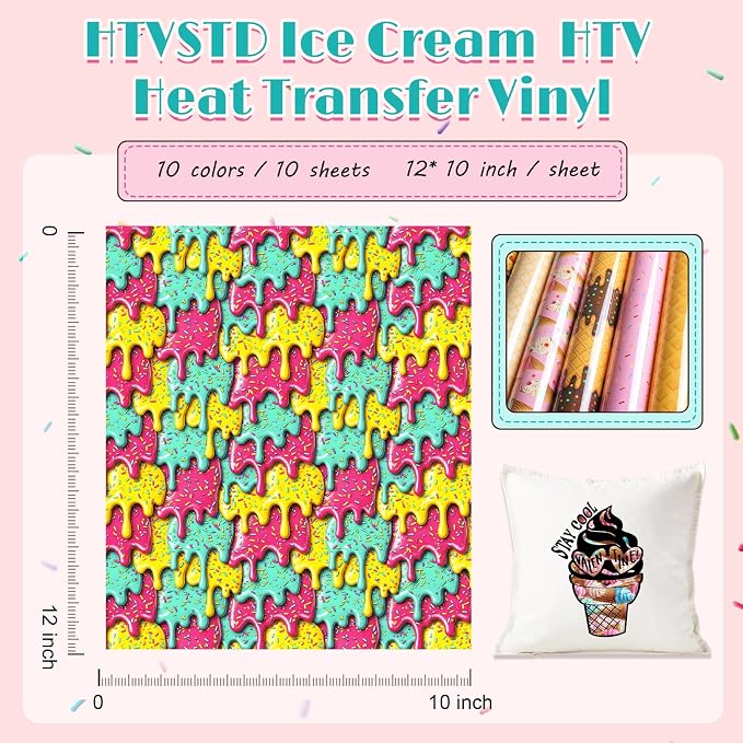 HTVSTD Ice Cream HTV Heat Transfer Vinyl 10Sheets 12×10in Iron on Vinyl | Ice - Image 2