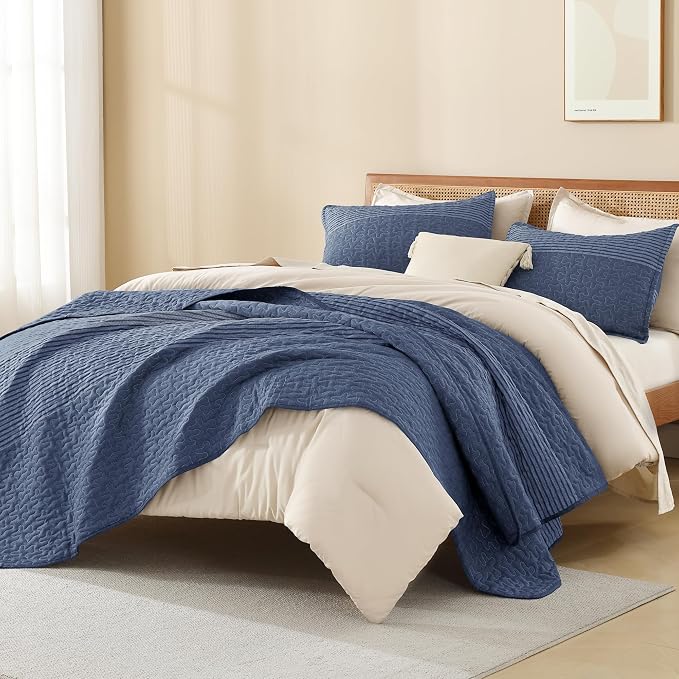Litanika Oversized King Quilt Set Sapphire Blue, 120x120 Stripe Bedspread - Image 4