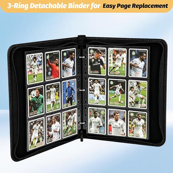 GERMUN 3 Ring 9 Pocket Zipper Card Binder, 720 Double Sided Standard PU Trading - Image 5