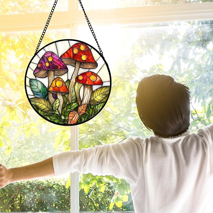 DASTOLL Stained Glass Window Hanging, Mushroom Leaves Suncatcher - Image 6