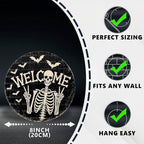 Funny Skeleton Welcome Halloween Metal Tin Sign Round Wall Decor Peace Sign Bat - Image 2