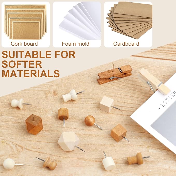120Pcs Wooden Thumb Tacks, 7 Shapes Push Pins - Image 4