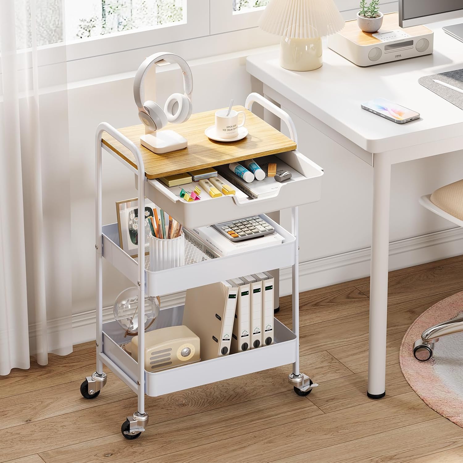 TOOLF 3-Tier Metal Utility Rolling Cart with Drawer and Wooden Table Top, Storage Cart White Trolley Kitchen Organizer Rolling Desk with Locking Wheels for Office, Classroom, Home, Bedroom