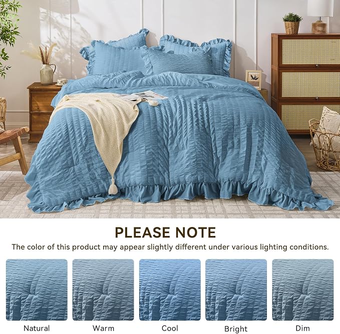JOLLYVOGUE Queen Comforter Set, 3 Pieces Sea Blue Seersucker Comforters Queen - Image 8