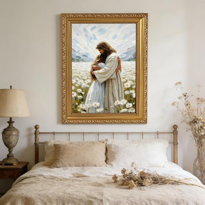 Vintage Gold Framed Jesus Wall Art Jesus Hugging Girl Wall Decor God Embracing - Image 4