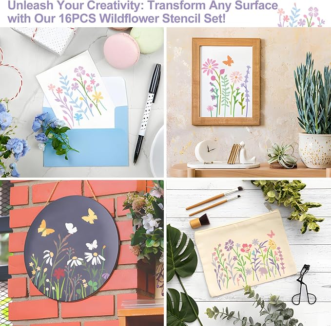 16 Pieces Wildflower Stencils for Painting on Wood, Reusable Flower Paint - Image 3