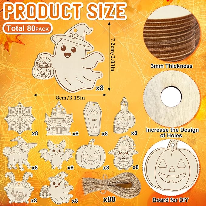 80PCS Wooden Halloween Ornaments to Paint Fall Decorations Crafts - Image 3