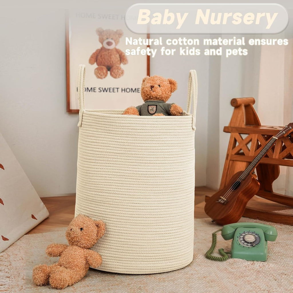 Large Woven Laundry Basket Hamper,80L Cotton Rope Storage Bin for Blankets,Toys and Clothes,Decorative Tall Nursery Hamper for Living Room,Baby Nursery,Bathroom and Bedroom,Beige