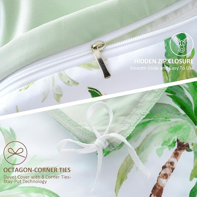 LONAVA King Tropical 3 Pcs Duvet Cover Set, Breathable Soft Microfiber Sage - Image 6