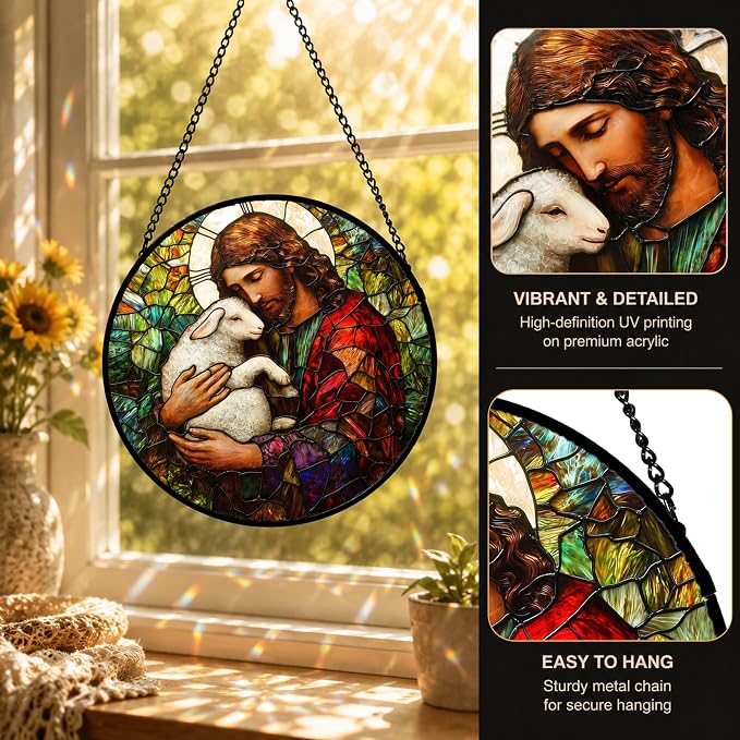 Christian Jesus Acrylic Suncatcher Faux Stained Glass Window Hanging 6.3" | - Image 3