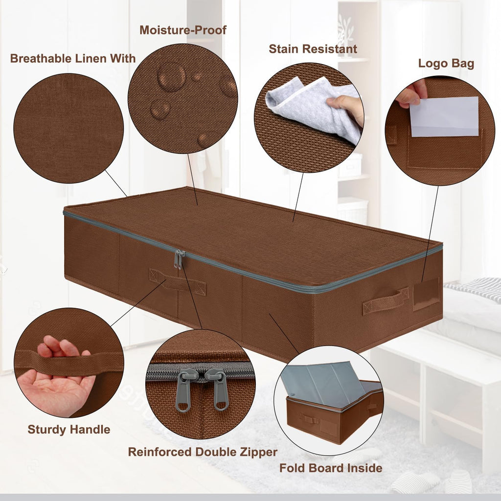 punemi Underbed Storage Box, Under Bed Clothes Storage With Sturdy Structure and Ultra Thick Fabric & zipper Lid, Use as Clothes Organizer, Pillow and Blanket Organizer, Brown, Large, 2 pack
