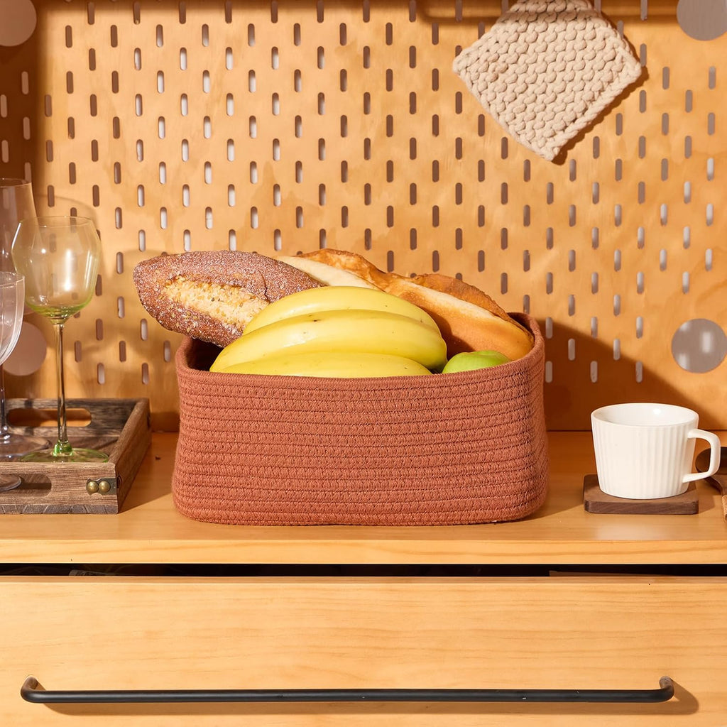 Small Storage Baskets for Organizing | Closet Organizer Bins | Shelf Toy Basket | Woven Rope Baskets | Cube Decorative Box | Shallow Basket | 11.5x7.5x4.7” | 4 Packs Oxide Red