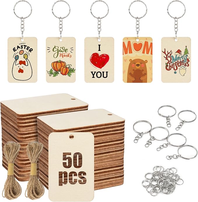 50Pcs Blank Rectangle Wooden Keychain Set, Unfinished Wood Slices by Luckforest