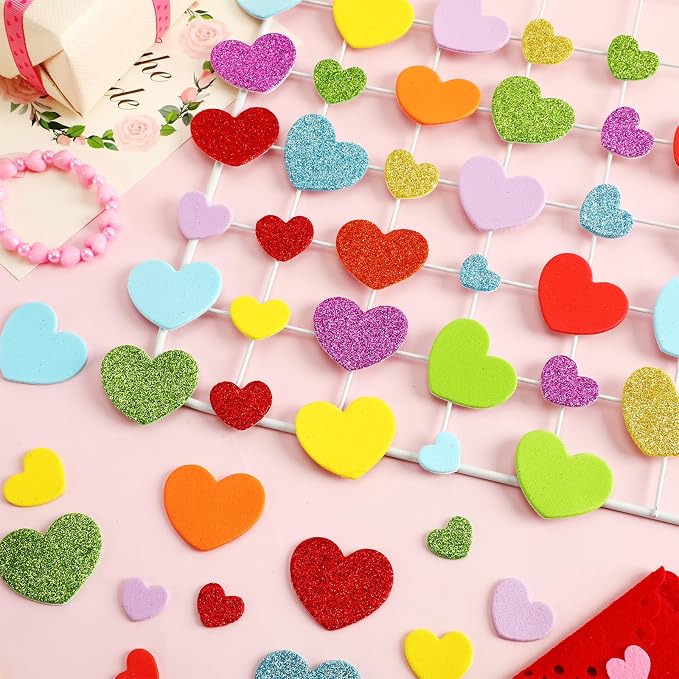 600Pcs Glitter Foam Heart Stickers Valentines Day Love Sticker | 3 Sizes - Image 4