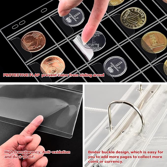 ANKHOH Zippered Coin Collection Book, 200 Pockets and 30 Bill Sleeves | PU - Image 6