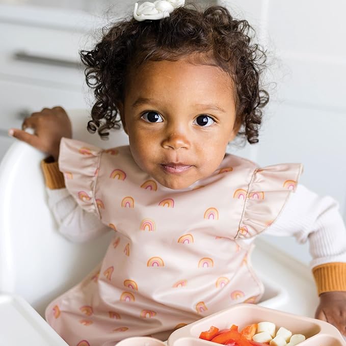 Tiny Twinkle Short Sleeve Apron Baby & Toddler Bib for Girls – Waterproof, Mess-Proof Bibs for Eating & Feeding, Machine Washable,Perfect Holiday Gift (Boho Rainbow, 2-4Y)