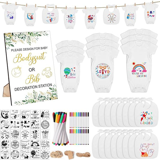 151 Pcs Baby Shower Game Decorations Kit with Bibs, Bodysuits, Wooden Sign & Fabric Markers (GreenGolden)