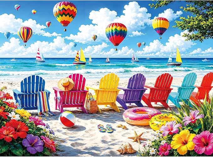 500 Piece Jigsaw Puzzle for Adults – Colorful Beach Chairs and Hot Air Balloons by Unknown