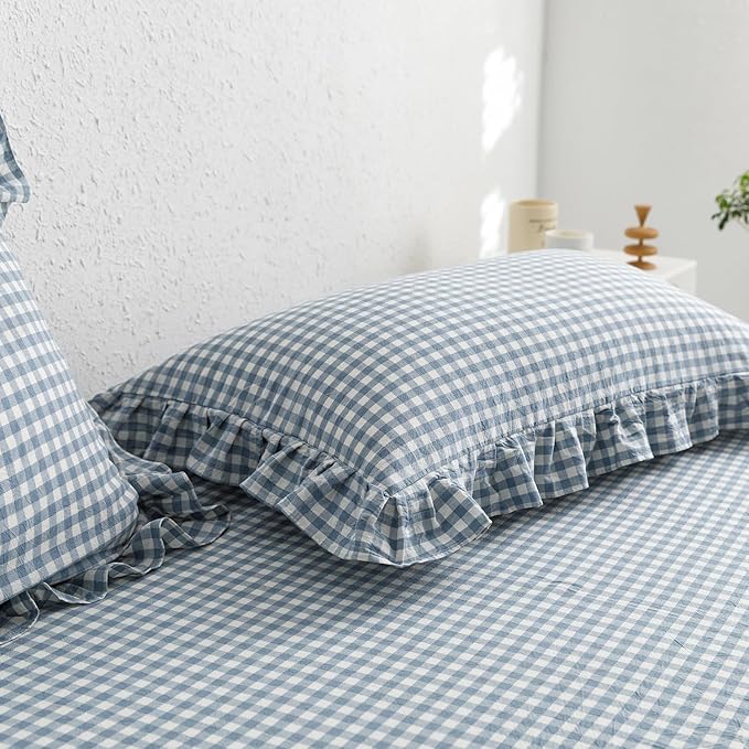 mixinni Blue White Gingham Ruffle Duvet Cover Full Size 3 Pieces – 100% Washed - Image 7