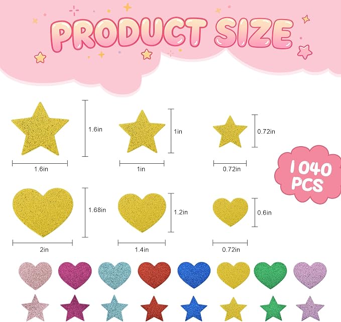 BEISHIDA 1040 PCS Glitter Foam Stickers, Heart Stars Shapes Self-Adhesive - Image 3