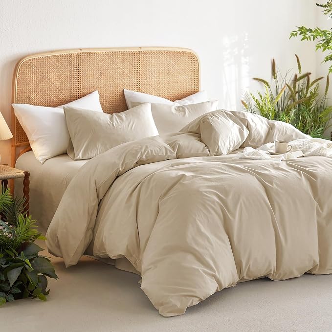 Wake In Cloud - Cotton Duvet Cover Set, Queen Size, Khaki Linen Color, 100% - Image 4