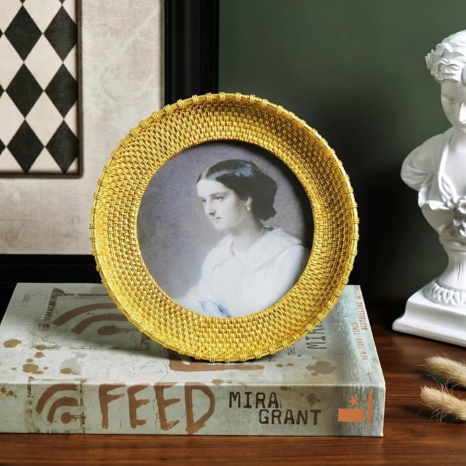 Cuspin 5x5 Round Picture Frame Gold, Vintage Woven Rattan Textured Circle Photo - Image 8