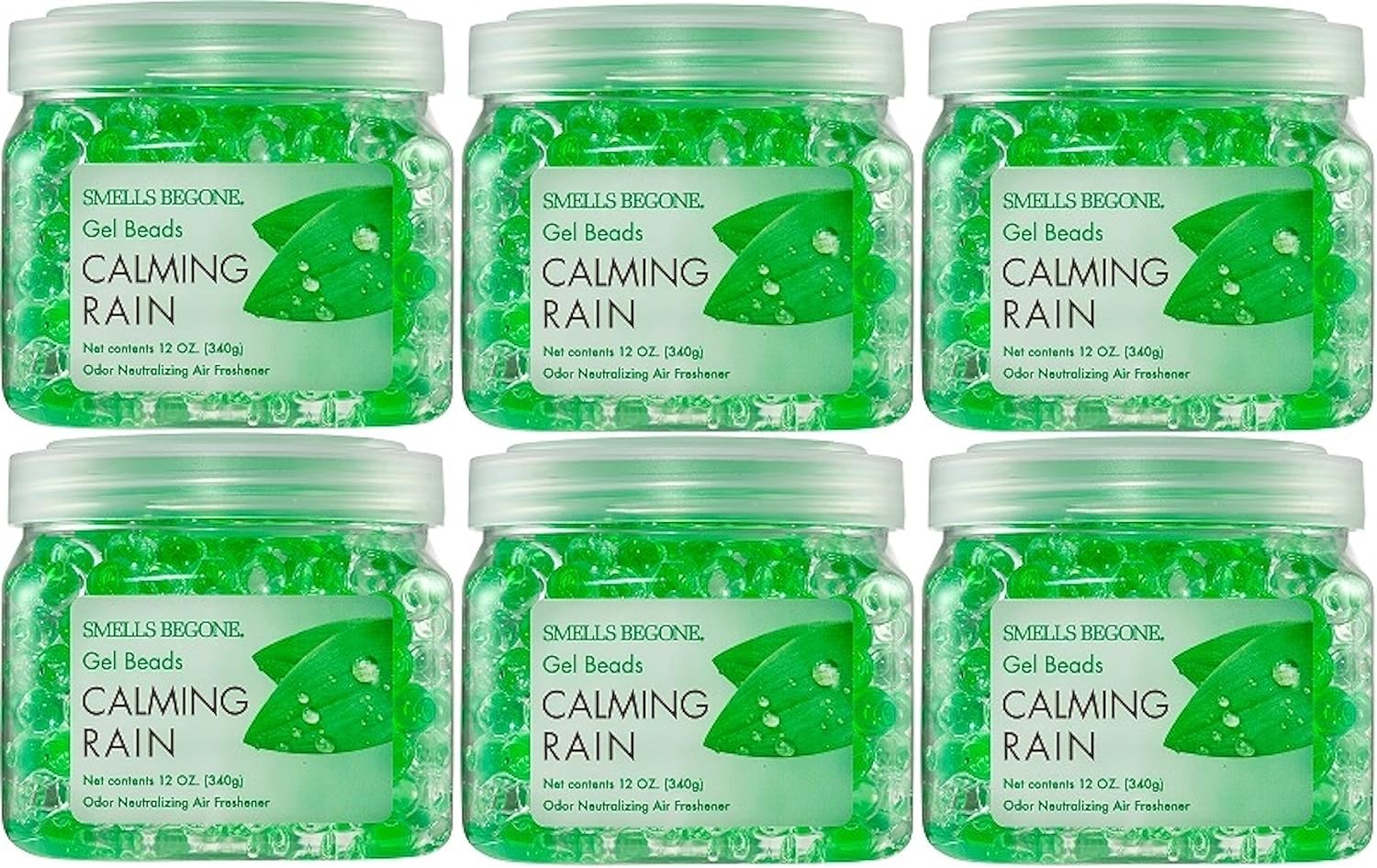 SMELLS BEGONE Odor Eliminator Gel Beads - 12 oz, Pack of 6 - Eliminates Odor in Bathrooms, Cars, Boats, RVs & Pet Areas - Air Freshener - Made with Essential Oils - Calming Rain Scent