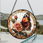 DASTOLL Stained Glass Window Hanging, Butterfly Picking Flowers Suncatcher - Image 4