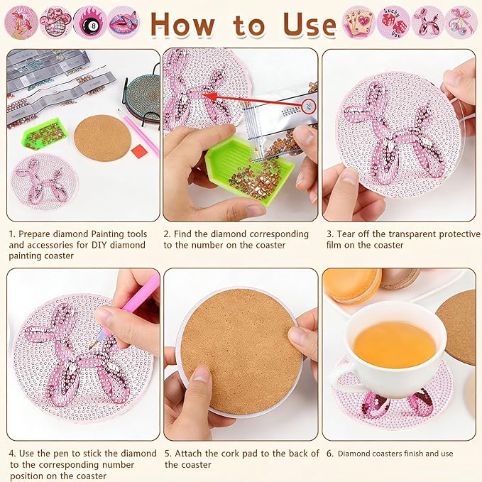 8PCS Pink Disco Diamond Art Coasters Kit - Image 6