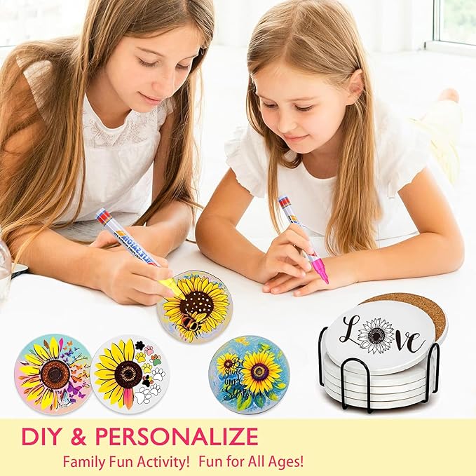 6 Absorbent Ceramic Tiles with Cork Base, Paint Your Own Sunflower Coaster | - Image 2