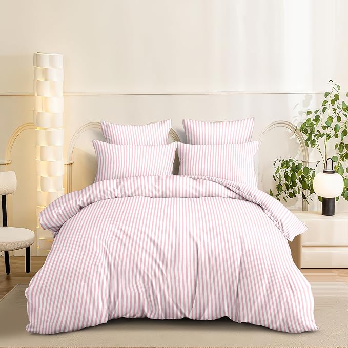 Nayoroom Pink Striped Duvet Cover Full Size White Stripe Duvet Cover Dorm - Image 5