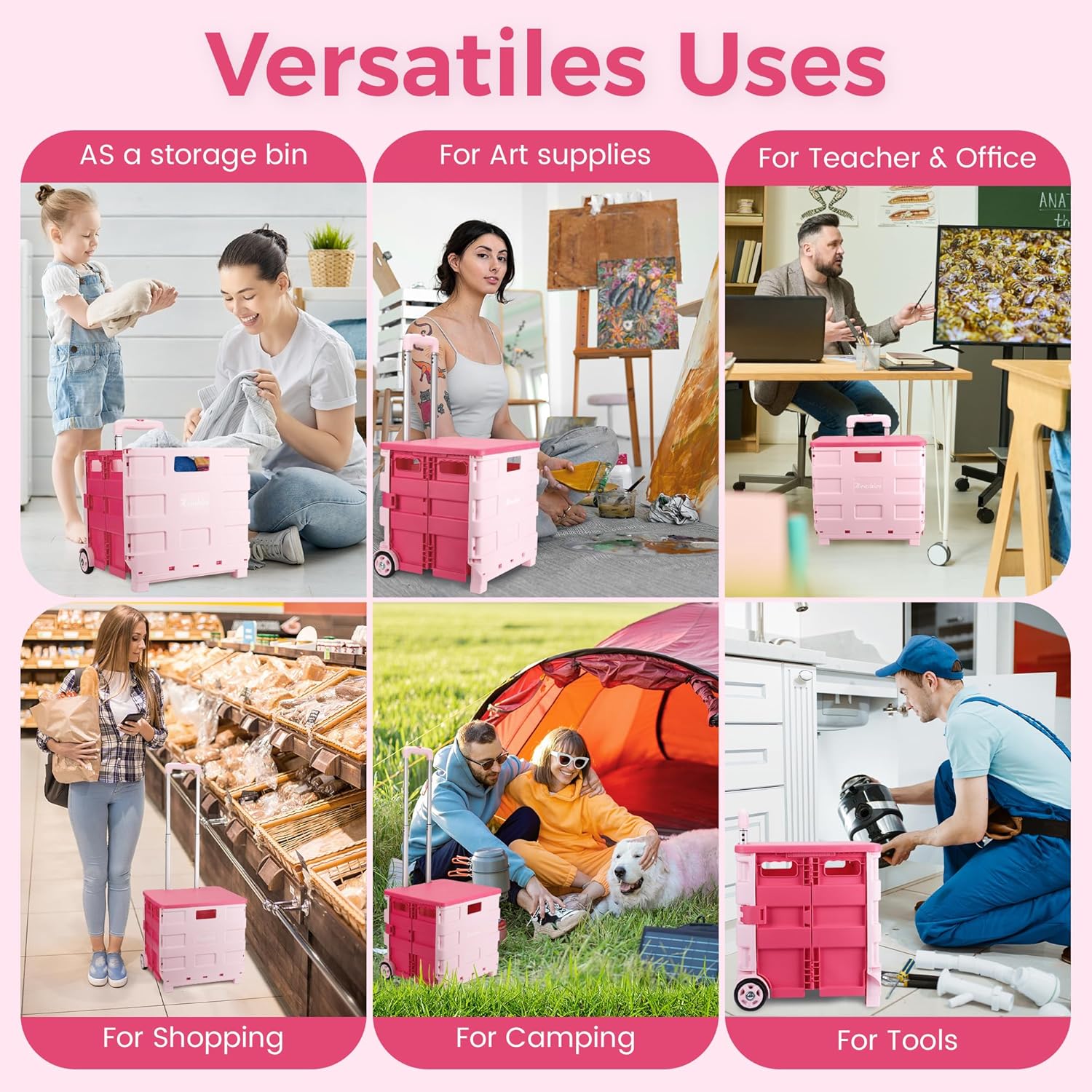 Foldable Rolling Cart on Noiseless Wheels: Portable Utility Cart for Grocery Books File Office (Pink)