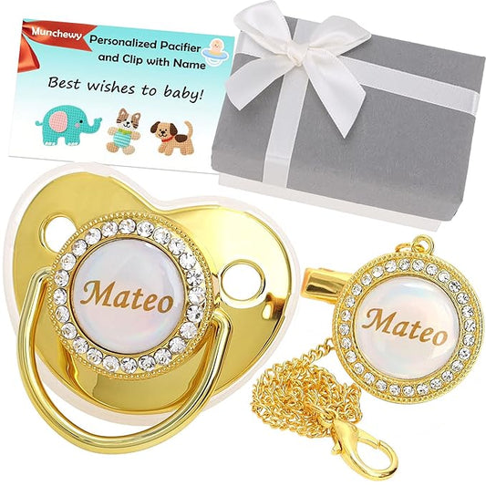 Personalized Pacifier with Name, Bling Gold Pacifier Clip Set with Gift Box Greeting Card, Glitter Crystal Luxurious Soother Dummy Ideal Gift for Boys Baby Shower Newborn Photography(Gold)