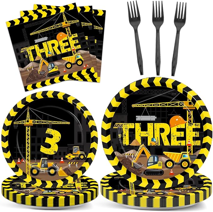 100 Pcs Construction 3rd Party Plates and Napkins Set 3 Years Old Birthday by Qyeahkj