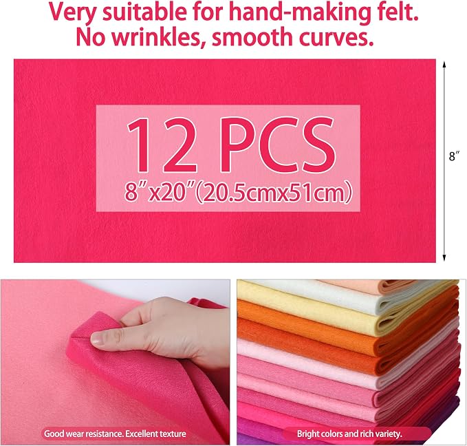 HaoFeiJH 12 Rolls 8"x20" 1.6mm Thick Soft Felt Fabric Sheets – 12 Assorted - Image 2
