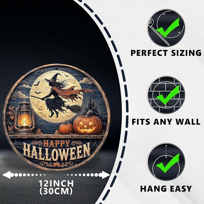 Flying Witch Halloween Metal Tin Sign Round Wall Decor Full Moon Haunted House - Image 2