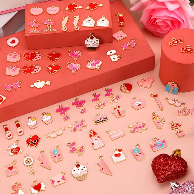 SANNIX 110Pcs Valentine's Day Charms Gold Enamel Jewelry Making Charm Pink - Image 5